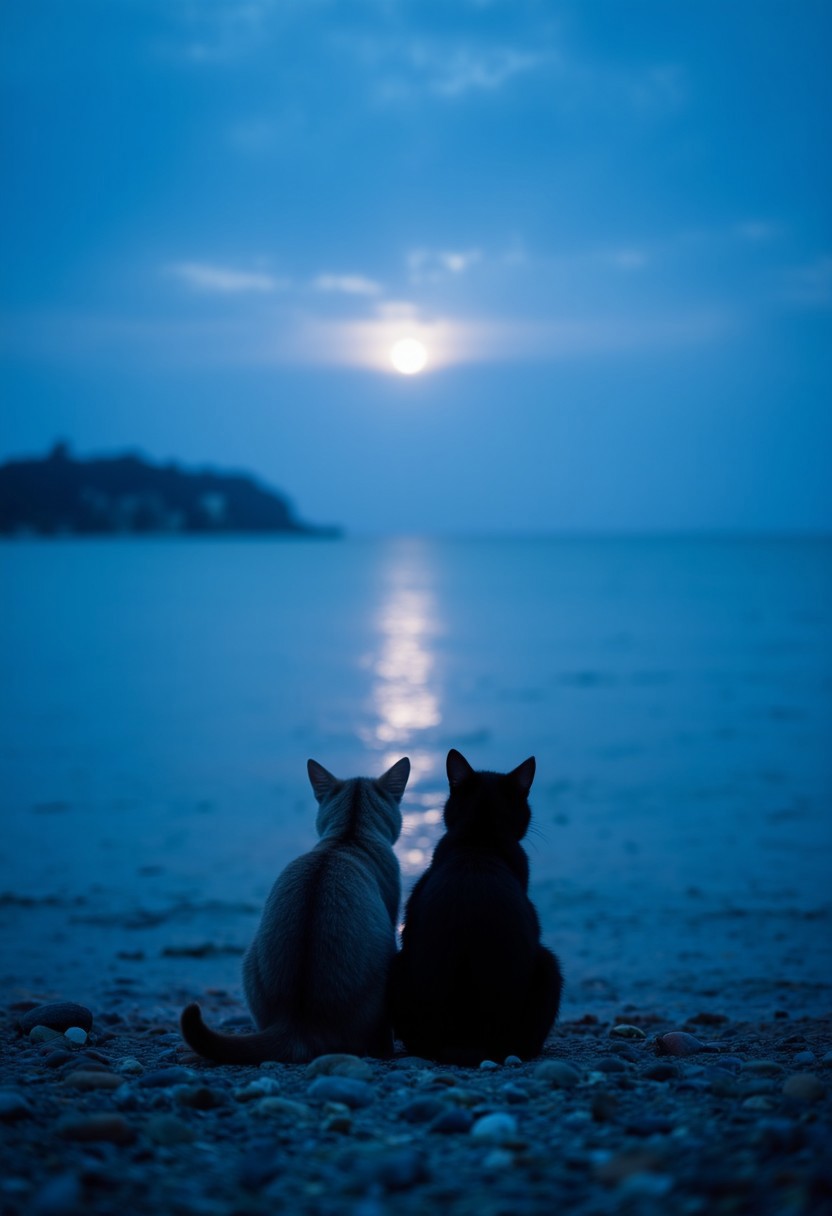 Two cats sitting side by side on a pebbled beach, gazing at the full moon reflecting on the calm sea. The scene is set during twilight, with a blue hue dominating the sky and water. In the background, there is a silhouette of a distant landmass on the left side of the image. 