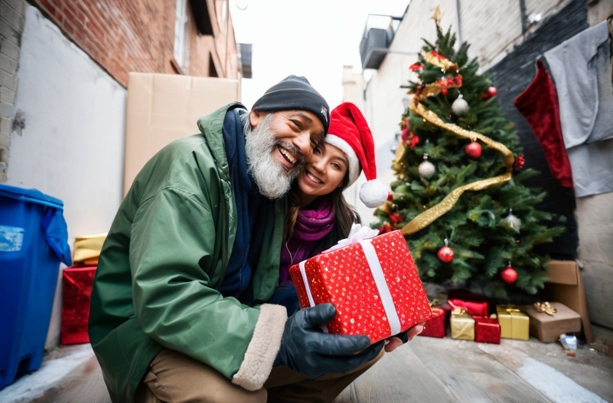 Man and woman posing in front of a Christmas tree with a wrapped gift.