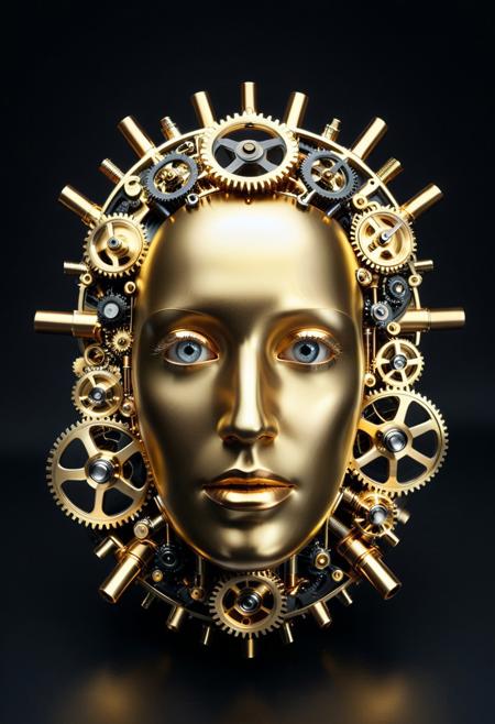 A portrait of a face, rendered as if it were a complex, self-assembling sculpture of polished golden pipes and gleaming steel gears.
The eyes are glowing orbs of light, and the "skin" is a seamless integration of metallic components.
Against a dark, velvety background, intricate shadows play across the metallic surfaces.
Abstract, minimalist, high key lighting, conceptual art, detailed, surrealist, lazypos, qu4ntum.