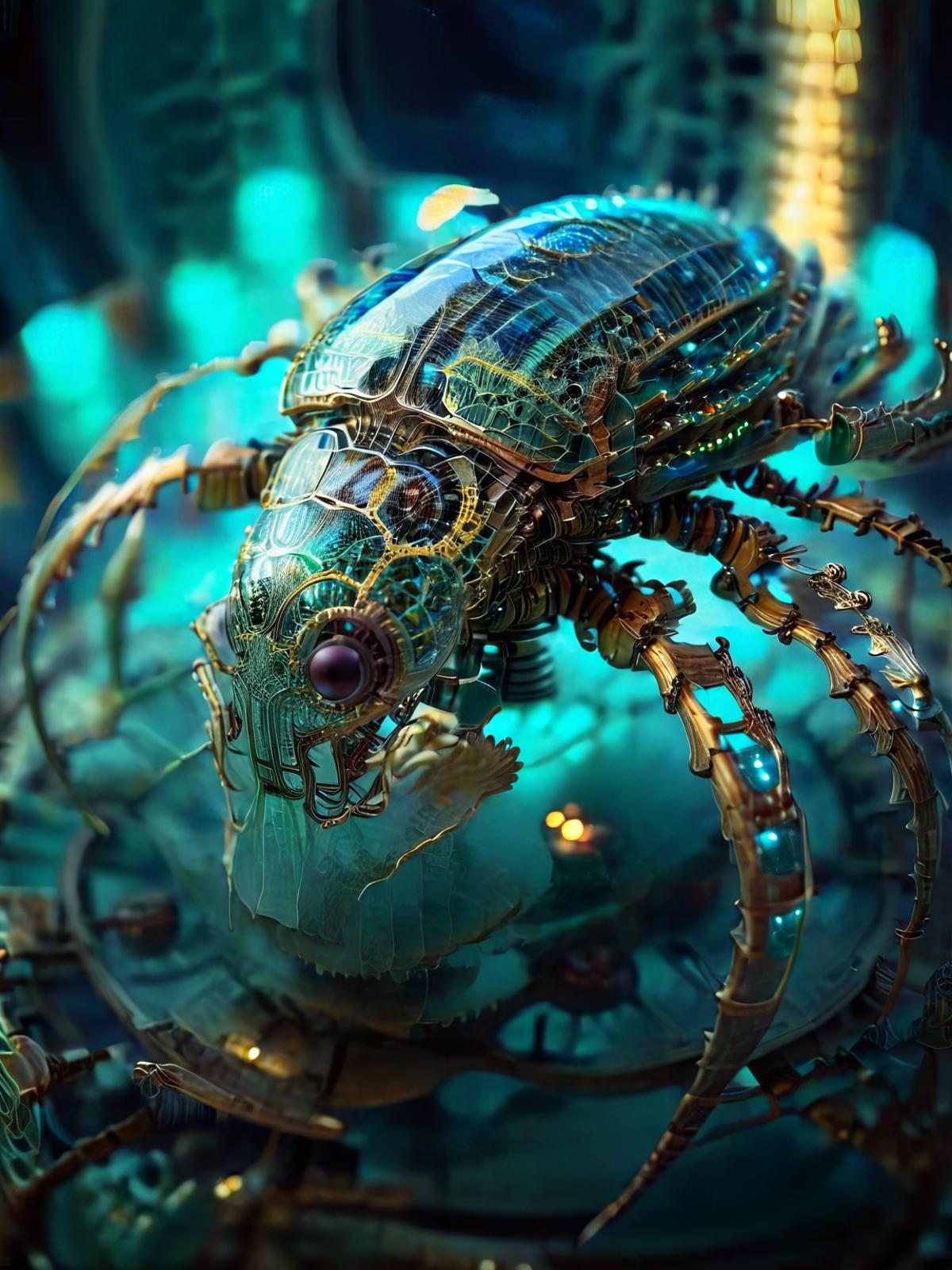A blue and green futuristic robot insect with gears sits on top of a circular structure.