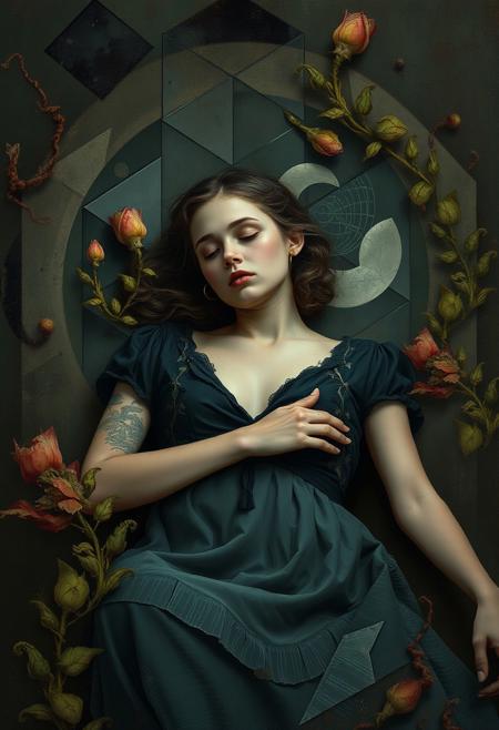 A young woman resting in a surreal garden where plants grow in symbolic, geometric patterns around her, cinematic realism, expressive abstraction, emotional portraiture, narrative intimacy, romantic melancholy, painterly distortion, textured brushwork, fragmented figures, soft chiaroscuro, vintage fashion, blurred edges, atmospheric mood, contemporary figurative art, subdued color palette, sensual vulnerability, visual storytelling, gestural marks, longing and memory, dreamlike decay, noir elegance