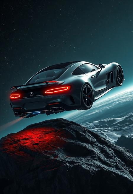 Mercedes-AMG ONE GT floating in outer space, ultra-realistic 4K render with high detail. The car has a pitch black and white color scheme, glowing red rear lights and neon blue front headlights. The car is levitating above a rugged asteroid, without contact to the surface. It is illuminated by distant stars, galaxies, and cosmic dust, casting subtle reflections on its sleek surface. Deep space lighting, realistic shadows, and a cinematic sci-fi atmosphere. The background features a cosmic environment with stars, nebulae, and distant celestial bodies. Emphasis on photorealism, weightless suspension, and dramatic lighting that enhances the futuristic vibe
