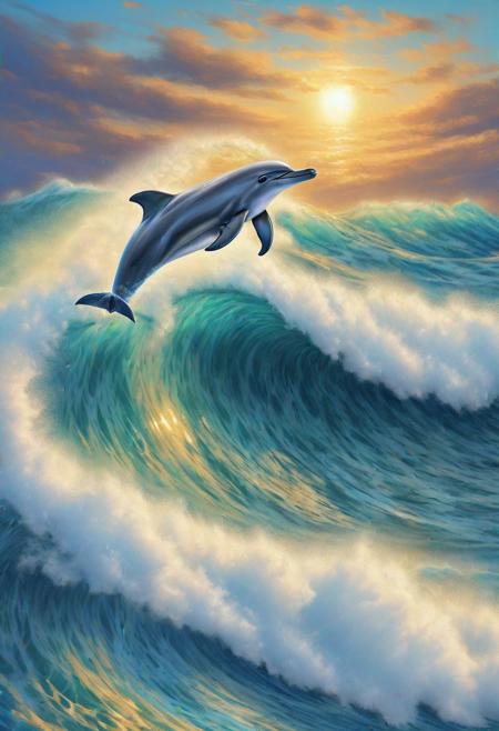 dolphin on the crest of a foamy wave, 
ultra-realistic digital painting, 
golden ratio. All details are clearly drawn, 
wave, 
dolphin, 
eyes, 
foam