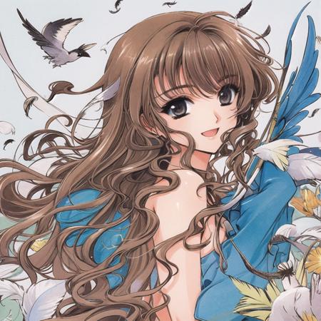 1girl, bird, long hair, solo, brown hair, feathers, branch, wavy hair, traditional media, hair censor, convenient censoring, nude, upper body, looking at viewer, holding, grey eyes, smile, animal, open mouth, hair over breasts,   <lora:X2:0.8>