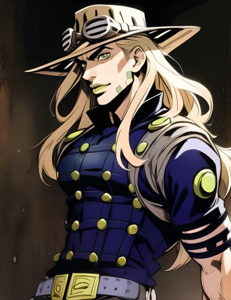 solo, araki hirohiko (style), fullbody, gyro zeppeli, hat, goggles,  belt, long hair,body, thin waist, male focus, 1boy, masterpiece, best quality, ultra-detailed detailed, detailed digital artwork, hi res, male focus, beard,  <lora:gyro-000003:0.85>