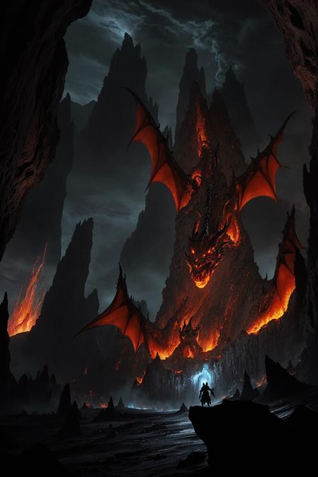 hellish volcanic cavern, massive underground lair, glowing molten lava rivers, charred dragon bones scattered around, twisted stone pillars, fire-lit haze in the air, colossal black dragon shadow in the background, dark fantasy concept art, ultra wide shot, cinematic lighting, Lineage 2 Antharas lair style