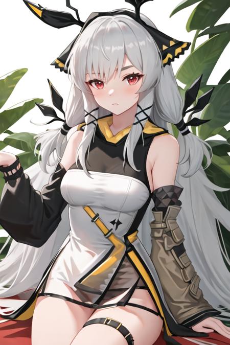 best quality, masterpiece, highres, solo, {weedy_arknights:1.15}, long_hair, bangs, red_eyes, grey_hair, upper_body, white_hair, very_long_hair, hair_ornament, 1girl, bare_shoulders, detached_sleeves, dress, looking_at_viewer, simple_background, sitting, thighs, white_background, long_sleeves, low-tied_long_hair, thigh_strap, see-through