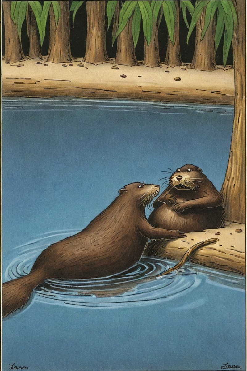 a color far side comic strip illustration of  a Otter by Gary Larson, <lora:Gary_Larson_Style_XL_Color_Far_side-000005:1>