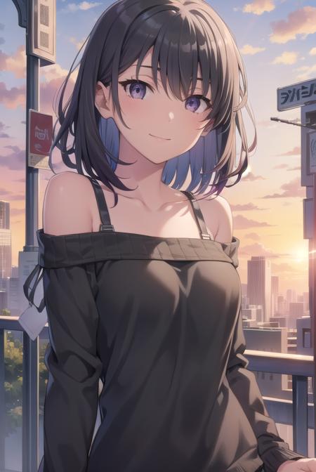 harunoyukinoshita, <lora:haruno yukinoshita-lora-nochekaiser:1>,
haruno yukinoshita, short hair, hair between eyes, (black eyes:1.5), black hair, gradient hair, two-tone hair, purple hair, smile,
BREAK sweater, off shoulder, bra strap, purple sweater, long sleeves, collarbone,
BREAK outdoors, city, sky, sun, people, crowd, buildings, clouds,
BREAK looking at viewer,
BREAK <lyco:GoodHands-beta2:1>, (masterpiece:1.2), best quality, high resolution, unity 8k wallpaper, (illustration:0.8), (beautiful detailed eyes:1.6), extremely detailed face, perfect lighting, extremely detailed CG, (perfect hands, perfect anatomy),