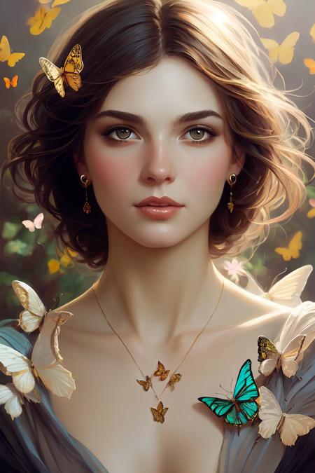 a woman with many difference butterflies on her face. beautiful highly detailed face. painting by artgerm and greg rutkowski and alphonse mucha.