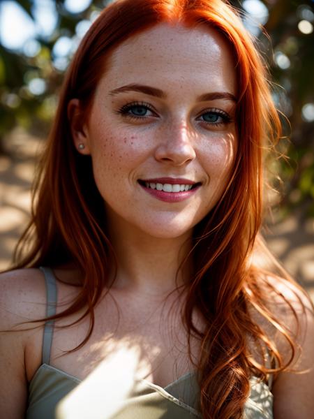 (polaroid), RAW photo, (intricate detailed eyes), alone, from low angle, close up portrait, cheeky smile, 30 yo redhead (woman), thicc, (looking at the camera), intricate details, (), skin imperfections, halo of light, midday sunlight streaks spilling over face, face details, unbelievable intricate details, dark shadows, (dark sand dunes), real lighting, bloom, volumetric lighting, cinematic lights (ultra skin texture)