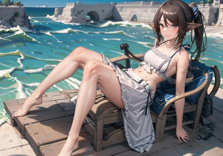 ((masterpiece,best quality)), 4k, highres, 1girl, solo, full body, legs, (swimsuit, bikini), no shoes, barefoot, smile, sitting, outdoors, <lora:perfumerB5:0.7>