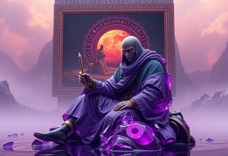 Create a highly detailed, lifelike image of an ancient soldier sitting on top of a Dark City made of liquid purple metal, with a painting of c-3p0 in the background. The soldier should be draped in transparent crystals, christalized, and highly capsuled, with a pencil in hand. Inspired by Sengai, the image should have a rich color palette, a golden ratio composition, and incorporate subsurface scattering and caustics. The style should be reminiscent of Artgerm and trending on Artstation, with an opalescent and particulate quality. Apply a VHS filter and ensure the image has micro details, is in 4k or 8k resolution, and has a safe-for-work (sfw) rating. Render using Octane render for optimal quality.