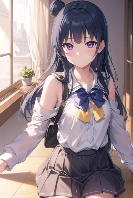 yoshikotsushima, <lyco:yoshikotsushima-lyco-nochekaiser:1>, 
yoshiko tsushima, blue hair, hair bun, (purple eyes:1.1), single side bun, bangs, long hair, (small breast:1.2),
BREAK bow, bowtie, buttons, grey skirt, long sleeves, pleated skirt, school uniform, serafuku, skirt, uranohoshi school uniform, yellow bow, yellow bowtie, sleeveless,
BREAK looking at viewer, 
BREAK indoors, classroom,
BREAK <lyco:GoodHands-beta2:1>, (masterpiece:1.2), best quality, high resolution, unity 8k wallpaper, (illustration:0.8), (beautiful detailed eyes:1.6), extremely detailed face, perfect lighting, extremely detailed CG, (perfect hands, perfect anatomy),