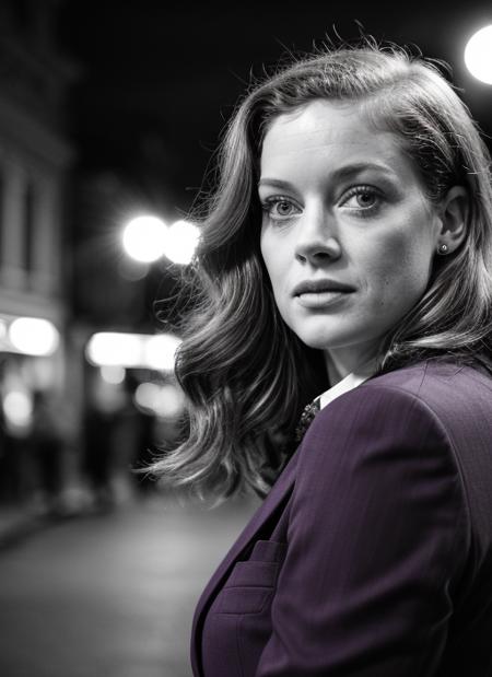 candid RAW close up portrait photo of sks woman in a (purple colored suit:1.0) on a dark street with shopping windows (at night:1.2), bokeh, Ilford Delta 3200 film, dof, high definition, detailed, intricate, flashlight, <lora:locon_janelevy_v1_from_v1_64_32:1>