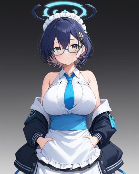 chihiro \(blue archive\),1girl, halo, solo, maid_headdress, glasses, hand_in_pocket, hair_ornament, looking_at_viewer, large_breasts, semi-rimless_eyewear, blue_necktie, long_sleeves, closed_mouth, blush, open_jacket, maid_apron, blue-framed_eyewear, enmaided, frills, shirt, off_shoulder, multicolored_jacket
<lora:chihiro_(blue_archive)_image606_2023-11-26-000015:1>halo. gorgeous,key visual, vibrant, studio anime,award-winning, professional, highly detailed,high budget, cinemascope