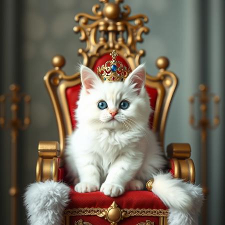 A kitten, 
  white, fluffy, kawaii,
  sitting on a human-sized throne, wearing a crown