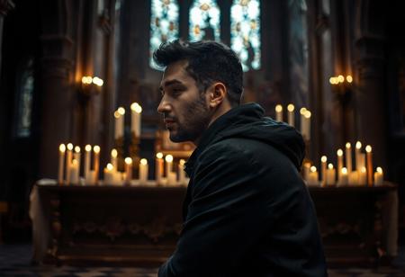 professional photo, side view photo of Caucasian man in kneeling in front of an altar covered with candles, wearing a dark blue parka, serious face, contemplative expression, dark features, dramatic lighting, in a dim cathedral interior, lit by candles