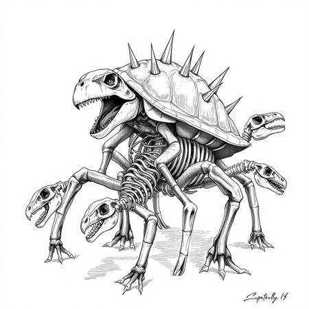 weird cryptic sketch, paleontology, turtle eating itself, shiva, cannibalism, spikes, regenerative crystals, multiple dinosaur skeletons, 8 legged creature with dinosaur skulls on the ends, spines, bones, 8 legs, creature, ribs, ugly
