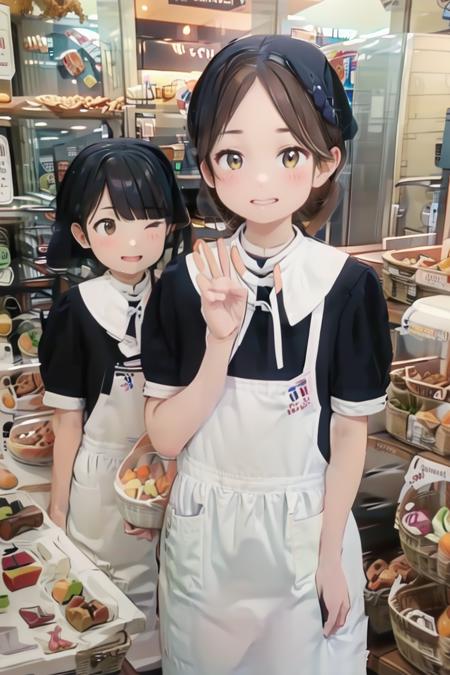 vfu, black dress, employee uniform, head scarf, indoors, shop, food, short sleeves, white apron, standing, bread, collared dress