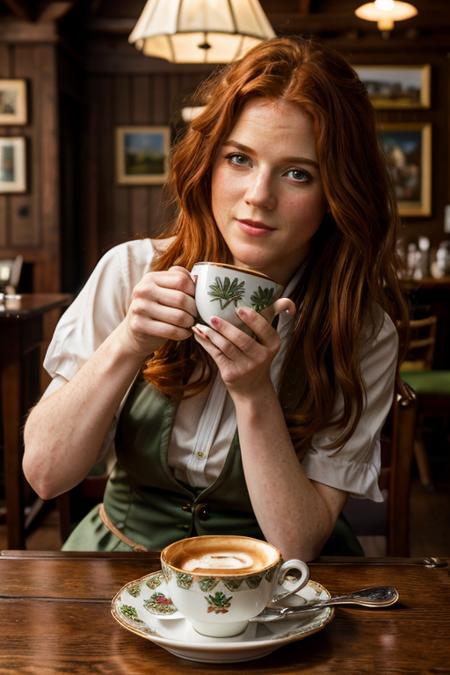 <lora:Rose_Leslie:1> masterpiece, best quality, detailed face, a mature r1873l, 1girl, solo, red hair, cup of tea, cafe, inside, table with a leprechaun, salt pepper pots, plate