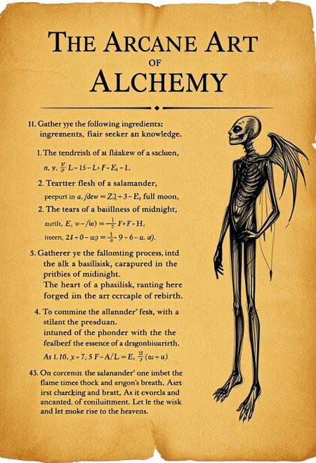 A old brown paper with the title "The Arcane Art of Alchemy" with lots of mathematical equations to the right side is a rough charcoal scetch of a man without legs and to the left is the following text
Gather ye the following ingredients, fair seeker of knowledge: the tender flesh of a salamander, steeped in the dew of a full moon; the tears of a basilisk, captured in the stillness of midnight; and the heart of a phoenix, forged in the crucible of rebirth. To commence the alchemical process, one must first ignite the salamander's flesh with a flame imbued with the essence of a dragon's breath. As it crackles and burns, chant the words of enchantment, Solis et Lunae Coniunctio, and let the smoke rise to the heavens.