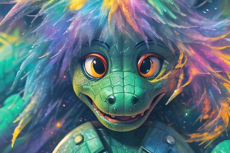 Green alligator in a clear neo-pop style, mysterious character, bright close-up, high detail, illustration, hyperrealistic, crystal clear, vivid colors, cinematic lighting, character design by Takashi Murakami and KAWS, 4k resolution