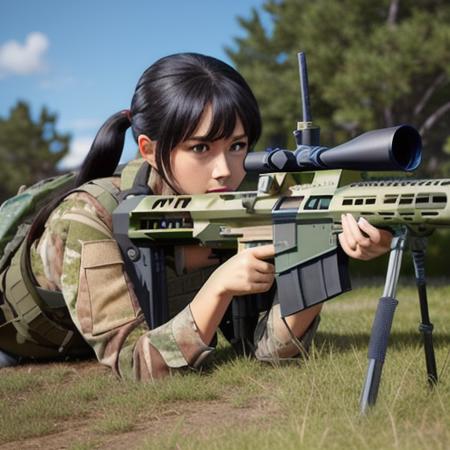 1girl, solo, weapon, gun, holding weapon, camouflage,sniper rifle, outdoors, black hair, holding, holding sniper, twintails, bag, long hair, long sleeves, tree, blue eyes, scope, bangs, jacket, blush, upper body, grass, trigger discipline,masterpiece, sharp, ultra detailed, 8k,(high detailed skin:1.2) , 50mm, <lora:sniper50mm-000001:1>