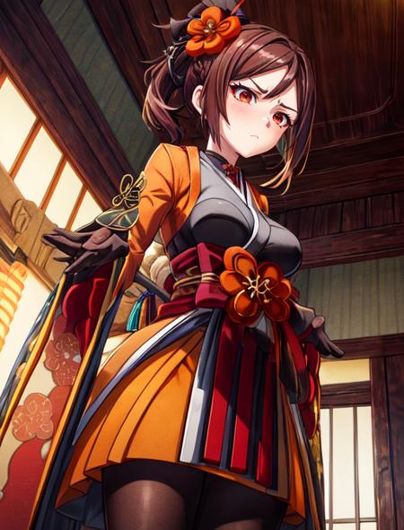 best quality, masterpiece, highres, detailed, digital artwork, <lora:Tools - add_detail:0.2>, ChioriGenshin, red eyes, brown hair, ponytail, short hair, drill hair, orange dress, traditional clothes, head flower, medium breasts, <lora:Character - ChioriGenshin:0.9>, close-up, upset, from below, indoors, traditional room,