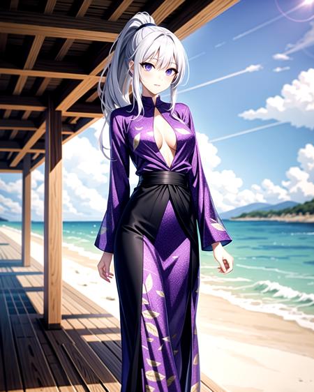 ((masterpiece), best quality, high quality, professional quality , highly detailed, highres, perfect lighting, natural lighting),, (1girl, beautiful, medium breasts, (multicolored hair, purple hair,silver hair,white hair, long hair, high ponytail), perfecteyes eyes), (wearing leaf print, extremelyBeautiful_beautifulclotheswild/Extremely beautiful clothes), on the beach, walking the boardwalk, <lyco:locon_perfecteyes_v1_from_v1_64_32:0.6>