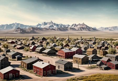 Incredibly Detailed Accurate picture of a small ghost town in 1872 with one huge 2024 modern skyscraper in the middle, a vintage photo with only the skyscarper being in full color