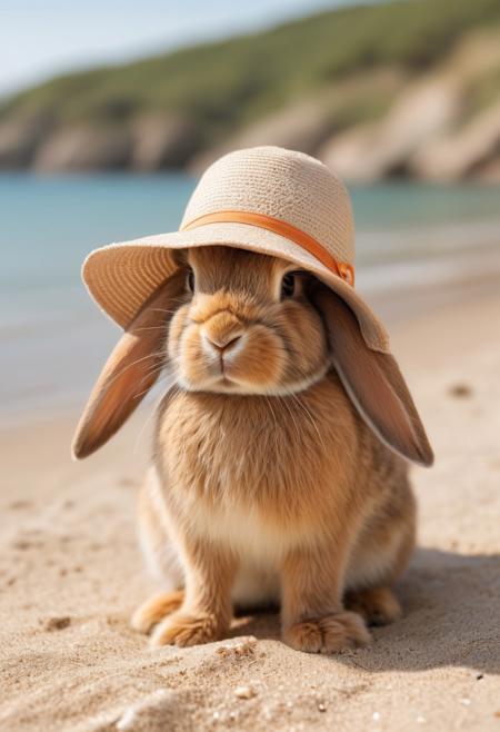 A close-up photo of an adorable brown rabbit sitting on the beachside, wearing a sunhat with soft, fluffy ear flaps. The rabbit looks content and snug, with the summer landscape blurred in the background, creating a charming and warm contrast between the sunny environment and the lovely appearance of the bunny. The hat adds a cute and whimsical touch to the scene, making it perfect for a summer-themed setting.