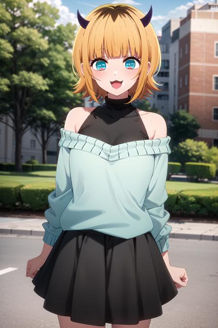 best quality, masterpiece, detailed,
<lora:OshiNoKo_MEMcho:0.8>, memcho,
open mouth, light blush, :3, smile,
short hair, blonde hair, multicolored hair, aqua eyes, blunt bangs, horns,
(blue sweater:1.2), black shirt, bare shoulders, black skirt, sweater tucked in,
standing, looking at the viewer,
(day:1.2), park, outdoors