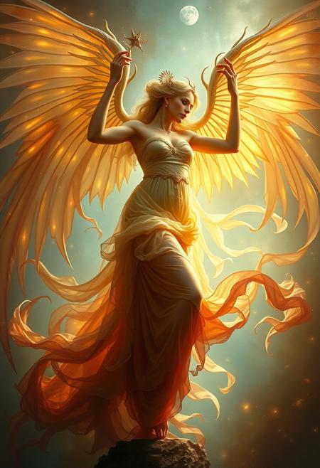 ethereal mythological fantasy, glowing cinematic lighting, flowing Pre-Raphaelite drapery, vibrant painterly brushwork, soft luminous textures, mystical atmosphere, modern fantasy with classical elegance, dreamlike and symbolic composition