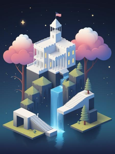 video game monument valley style, The White House,  stairs, water, cloud, trees, waterfall, gradient background, Night, starry sky, <lora:Monument Valley style:0.45>