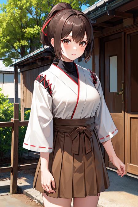 masterpiece, best quality, highres, hyuugaise, short hair, ponytail, hair ribbon, japanese clothes, short sleeves, hakama skirt, brown skirt, <lora:hyuuga_&_ise_v1:0.8>, cowboy shot, standing, outdoors