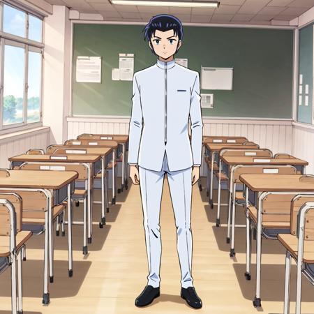 ShutaroMendou,1boy, school uniform,white jacket, white pants, polo shirt,blue shirt,character name, white pants, RyokoMendou,1girl, lum,1girl, tako,Octopus,