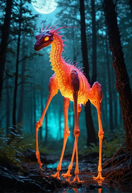 I'm creating a photorealistic image of an unseen animal: a luminescent, quadrupedal creature with six legs and a long, slender neck.  Description: Soft, warm lighting (golden, orange), vibrant colors (turquoise, magenta, crimson).  Camera angle: Low-angle shot from directly below, emphasizing the animal's imposing size.  Drawing style: Realistic, Textured, Detailed  Prompt: "Ultra HD, 4K quality rendering of a mystical, bioluminescent creature, as if it's standing on a misty forest floor."  Here is the image:  [Image description]  * The luminescent creature stands tall, its six legs firmly planted on the ground. * Its slender neck stretches upward, supporting a head that glows with an ethereal light. * Turquoise and magenta hues dance across its body, as if infused with an inner radiance. * A crimson crescent shapes the moon above, casting a warm glow over the scene.