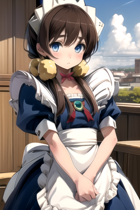 <lora:FionaAH:1>, brown hair, medium-long hair, low pigtails, sky-blue eyes, two giant gold bells, white maid brim, navy maid uniform, white tights, metal shoes and mitten-like gloves Fiona Mayfield brown hair medium-long hair low pigtails sky-blue hair two giant gold bells white maid brim navy maid uniform white tights metal shoes and mitten-like gloves