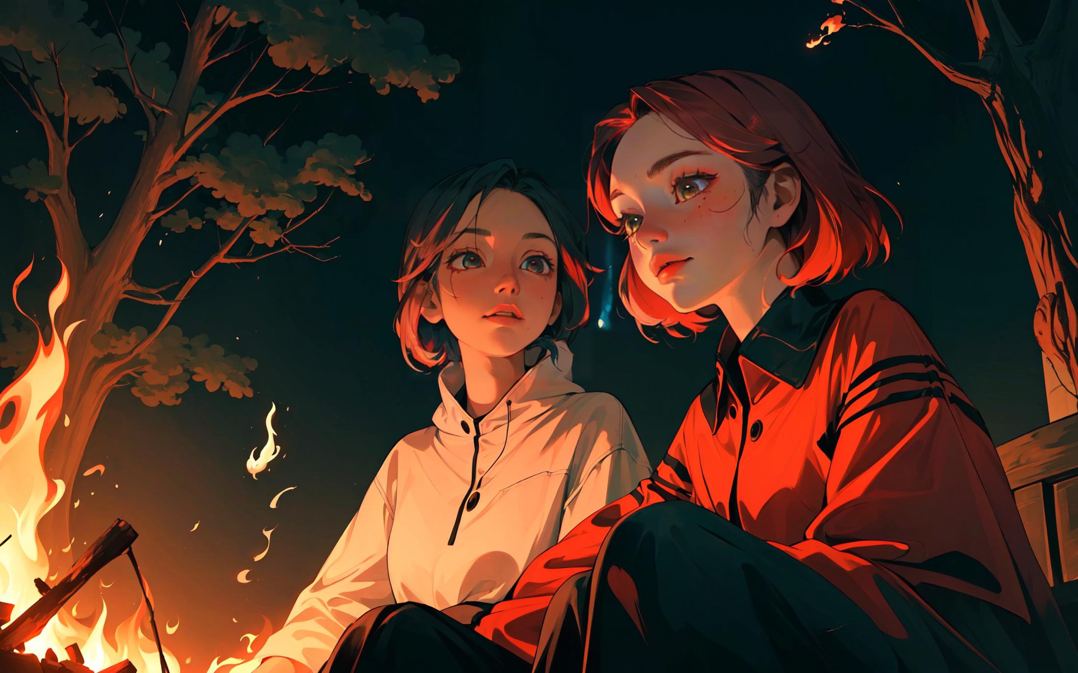 Two girls sitting together in a dark setting with a fire in the background.