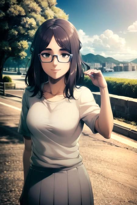 pieck finger, ((masterpiece)), high quality, glasses, smug smile, 1girl, grey skirt, white t-shirt, outdoors, metropolis, detailed background, <lora:pieck:1>