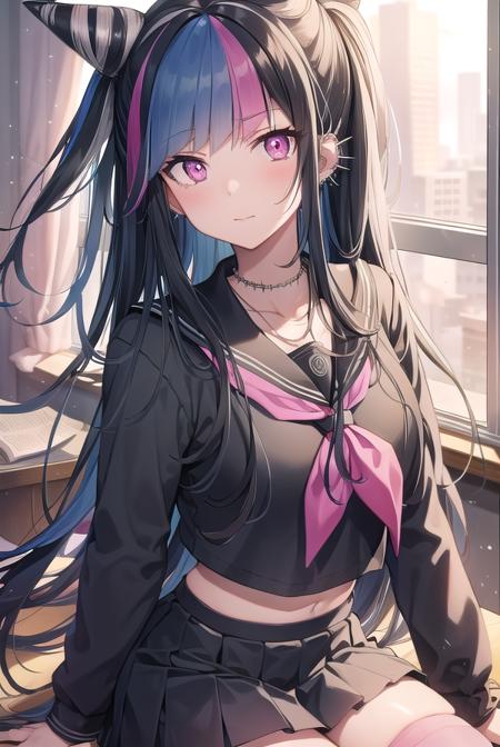 ibukimioda, <lyco:ibukimioda-lyco-nochekaiser:1>,
ibuki mioda, black hair, blue hair, hair horns, ear piercing, lip piercing, long hair, multicolored hair, (pink eyes:1.5), pink hair, white hair,
BREAK asymmetrical legwear, black skirt, blue thighhighs, jewelry, mismatched legwear, neckerchief, necklace, piercing, pleated skirt, ring, school uniform, serafuku, shirt, skirt, thighhighs, torn clothes, torn thighhighs, zettai ryouiki,
BREAK looking at viewer,
BREAK indoors, classroom,
BREAK <lyco:GoodHands-beta2:1>, (masterpiece:1.2), best quality, high resolution, unity 8k wallpaper, (illustration:0.8), (beautiful detailed eyes:1.6), extremely detailed face, perfect lighting, extremely detailed CG, (perfect hands, perfect anatomy),