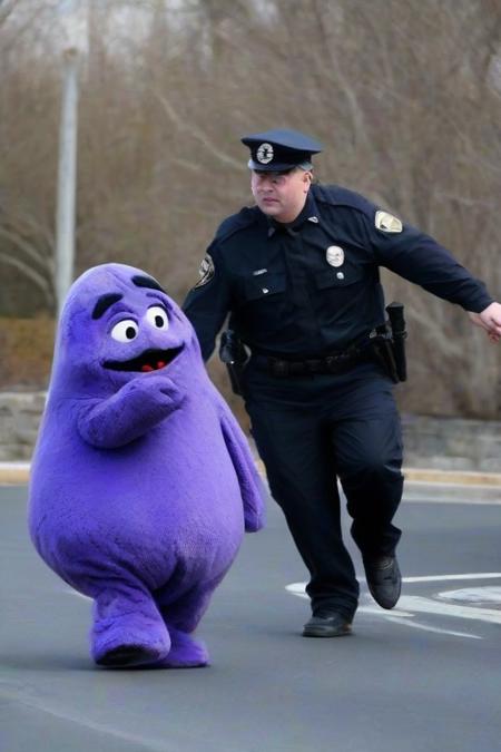 <lora:PE_Grimace:0.8> Grimace,
running away from group of police officers, getting chased by police