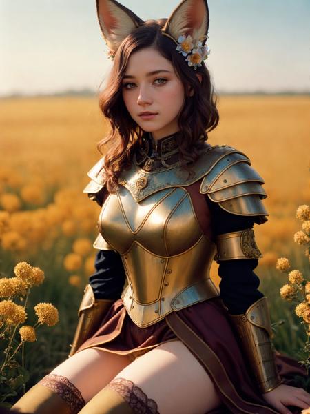 steampunk, (young_woman_fox ears), short hair, stockings, detailed silk clothes with armor, flower field, best quality, masterpiece, Photorealistic, Hyperrealistic, Hyperdetailed, analog style, soft lighting, subsurface scattering, realistic, heavy shadow, masterpiece, best quality, ultra realistic, 8k, golden ratio, Intricate, High Detail, film photography, soft focus, RAW candid cinema, 16mm, color graded portra 400 film, remarkable color, ultra realistic,