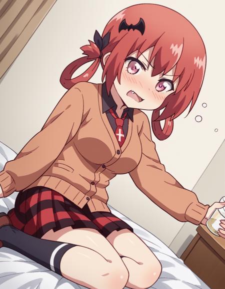 <lora:satanichia-kurumizawa-mcdowell-s1-ponyxl-lora-nochekaiser:1>, satanichia kurumizawa mcdowell, hair ornament, red hair, hair rings, bat hair ornament, pink eyes, skin fang, large breasts, skirt, shirt, school uniform, pleated skirt, necktie, shoes, socks, collared shirt, plaid, kneehighs, black shirt, plaid skirt, cardigan, black socks, inverted cross, brown cardigan,