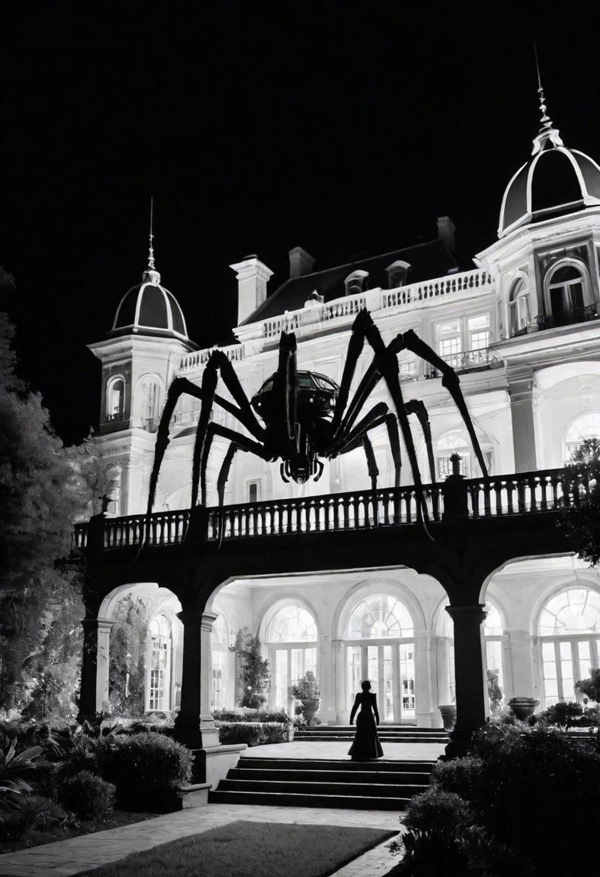A spooky scene of a giant spider on the front porch of a mansion.