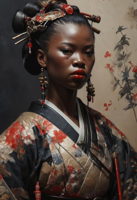 Close Up shot of an African samurai Geisha, beautiful, masterpiece in the style of Anders Zorn | Marco Mazzoni | Yuri Ivanovich, oil on canvas