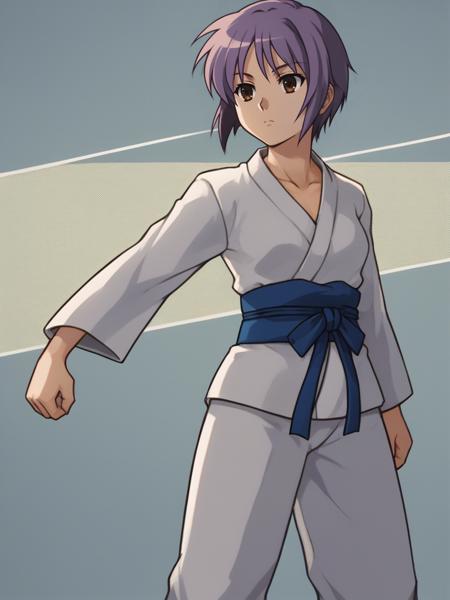 score_9, digital art,
1girl, nagato yuki, purple hair, short hair, brown eyes,
standing,
expressionless,
judo, karate, gi, sash,
<lora:nagato autismmix_Confetti 40x40 Prodigy__cosine_dim8_sv_fro_dp0.9:0.6>