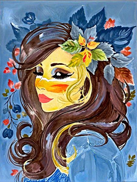 illustration of a beautiful blond woman with leaves on the hair, closed eyes, peaceful, detailed, high quality