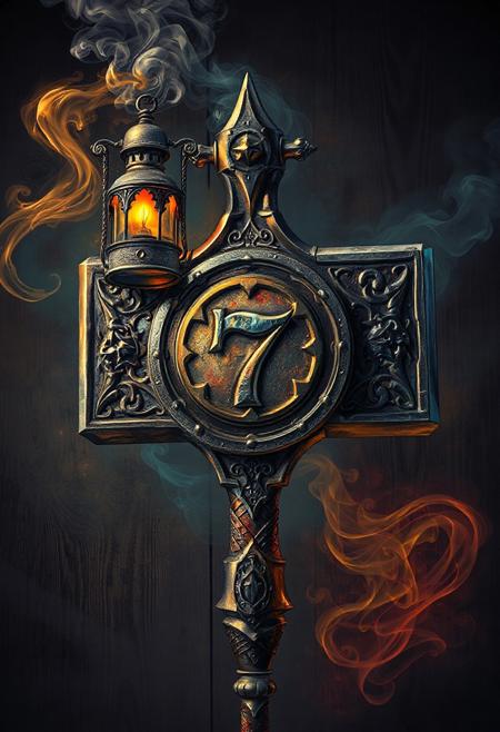 art, dynamic colors, Sigmar's war hammer, In the center of the hammer is depicted one large seal with the number seven, the hammer is expensively decorated with Gothic patterns, forged iron frame,Gothic medieval ornaments, a very ancient medieval lantern hangs on the hammer, magical smoke from the lantern curls around the hammer, dark wooden background,